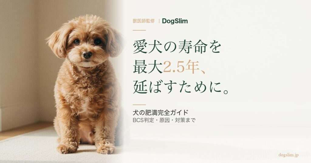 犬の肥満完全ガイドのアイキャッチ画像。獣医師監修でBCS判定、寿命への影響、ダイエット対策を解説